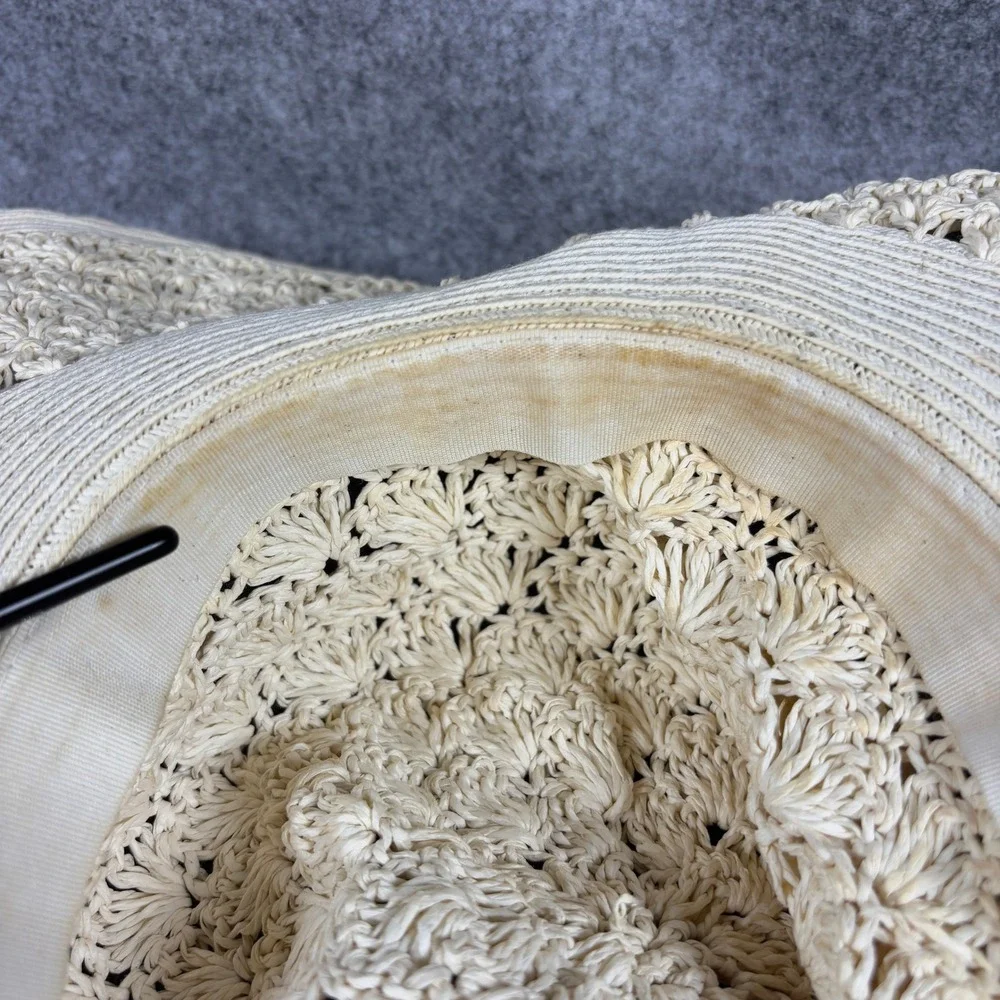 Nine West Womens Wide Brim Floppy Sun Hat OS Cream Crochet Straw Beach Summer